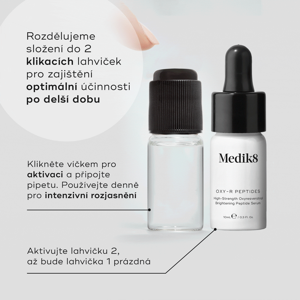 GIF – vizuál séra Oxy-R Peptides, zobrazující dvě malé lahvičky séra. Prst tiskne černý uzávěr průhledné lahvičky, uvnitř které je viditelně míchající se oranžovo-hnědá tekutina, což naznačuje aktivaci. Druhá lahvička je bílá s černým kapátkem a je označena jako OXY-R PEPTIDES High-Strength Oxyresveratrol Brightening Peptide Serum.

Text uvádí: „Naši formuli jsme rozdělili do dvou klikacích lahviček, aby byla zajištěna optimální účinnost po delší dobu.“