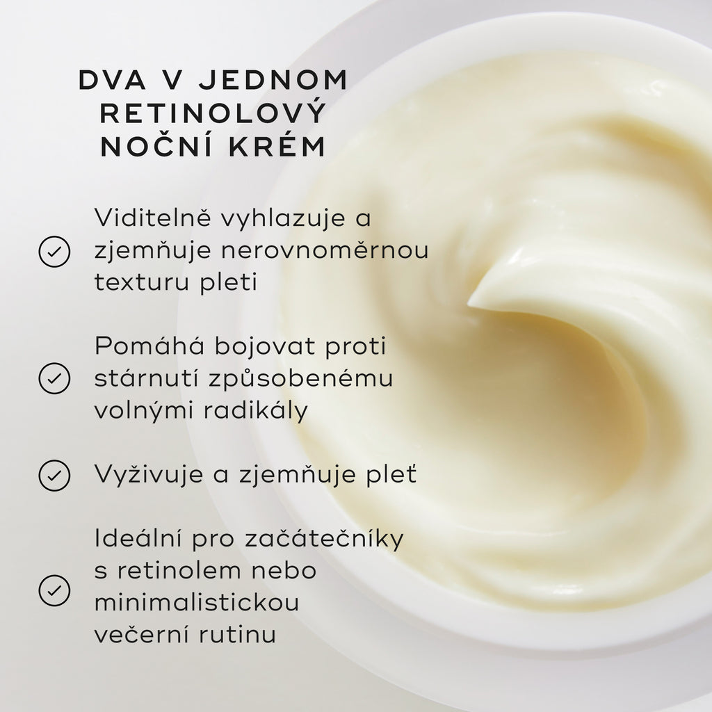 Detailní záběr nočního krému Medik8 Intelligent Retinol Smoothing Night Cream, který ukazuje konzistenci krému uvnitř kelímku. Nahoře je nápis TWO-IN-ONE RETINOL NIGHT CREAM a vlevo seznam výhod s odškrtávacími políčky: „Viditelně vyhlazuje a zjemňuje nerovnoměrnou strukturu pleti“, „Pomáhá bojovat proti stárnutí způsobenému volnými radikály“, „Vyživuje a zjemňuje pleť“ a „Ideální pro začátečníky s retinolem nebo pro stručnou večerní péči“.