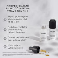 Dvě malé bílé lahvičky séra Oxy-R Peptides jsou vystaveny spolu s kapkami žlutého séra. Text zvýrazňuje „PROFESIONÁLNÍ SILNÝ ÚČINEK NA TMAVÉ SKVRNY“. Uvedené benefity jsou:

Zajišťuje jasnější a sjednocenější pleť už za 7 dní
Zesvětluje viditelné tmavé skvrny během 1 měsíce
Účinné pro všechny typy a tóny pleti
Hydratuje a vyhlazuje pleť