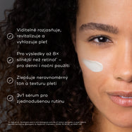Tvář ženy je zobrazena s malým množstvím bílého krému na tváři. Čtyři odrážky se symbolem zaškrtnutí uvádějí benefity:

Viditelně rozjasňuje, revitalizuje a vyhlazuje pleť
Pro výsledky 8× silnější než retinol – ve dne i v noci*
Zlepšuje nerovnoměrný tón a texturu pleti
3v1 sérum pro zjednodušenou rutinu péče o pleť