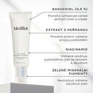 Tuba Calmwise Colour Correct je zobrazena. Textové popisky zvýrazňují klíčové složky:
BAKUCHIOL (0,5 %)
EXTRAKT Z HEŘMÁNKU
NIACINAMID
ZELENÉ MINERÁLNÍ PIGMENTY