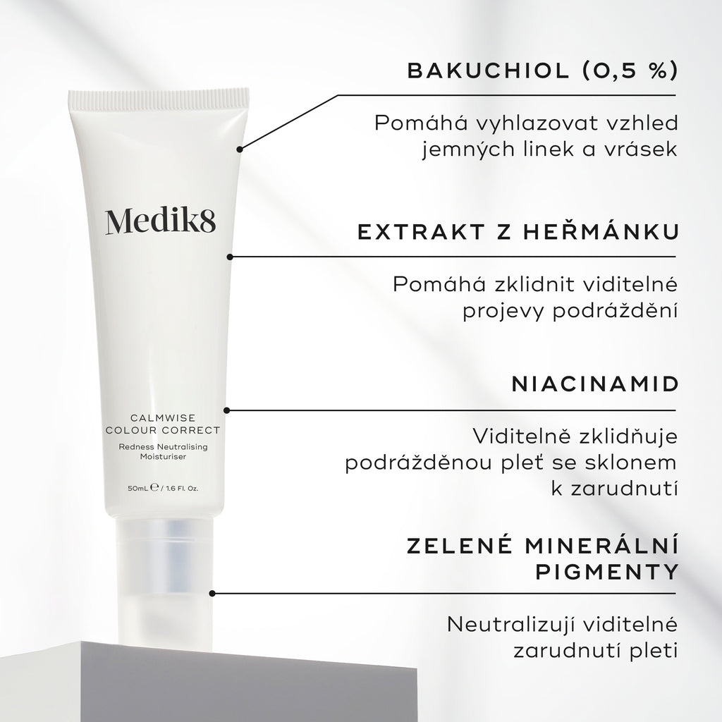 Tuba Calmwise Colour Correct je zobrazena. Textové popisky zvýrazňují klíčové složky:
BAKUCHIOL (0,5 %)
EXTRAKT Z HEŘMÁNKU
NIACINAMID
ZELENÉ MINERÁLNÍ PIGMENTY