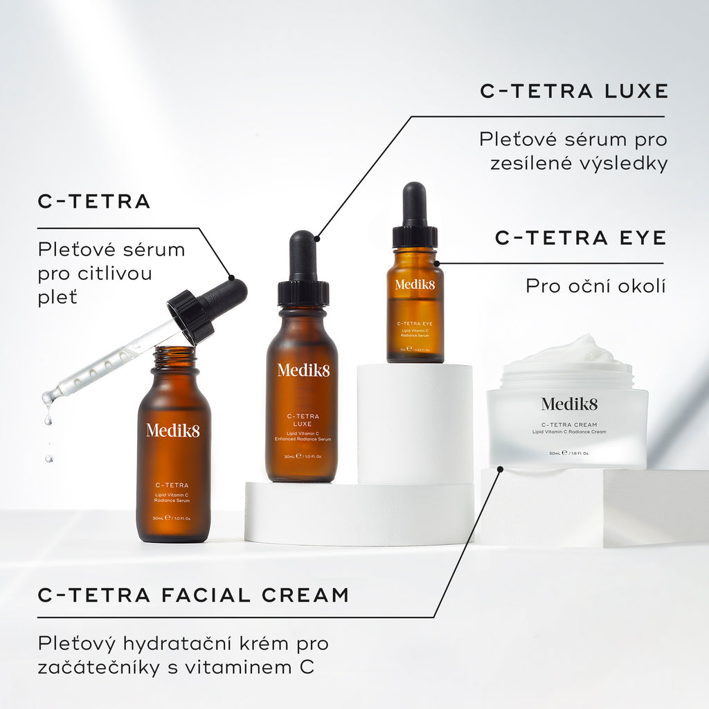 Sada čtyř produktů s vitamínem C značky Medik8 vystavená na bílých podstavcích před čistě bílým pozadím. Na etiketách jsou uvedeny názvy C-Tetra (pleťové sérum pro citlivou pleť), C-Tetra Luxe (pleťové sérum pro mimořádně účinné výsledky), C-Tetra Eye (pro oblast kolem očí) a C-Tetra Facial Cream (hydratační krém pro začínající uživatele produktů s vitamínem C).