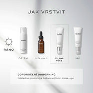 Diagram „JAK VRSTVIT“ pro ranní rutinu péče o pleť. Zahrnuje:Čištění (Calmwise Soothing Cleanser)
Vitamín C (C-Tetra Luxe)
Cílená péče (Calmwise Colour Correct)
Opalovací krém (Advanced Day Ultimate Protect)