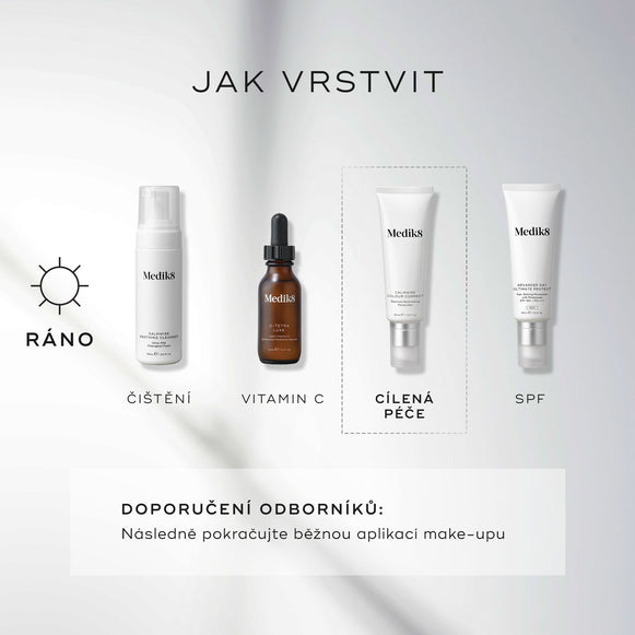 Diagram „JAK VRSTVIT“ pro ranní rutinu péče o pleť. Zahrnuje:Čištění (Calmwise Soothing Cleanser)
Vitamín C (C-Tetra Luxe)
Cílená péče (Calmwise Colour Correct)
Opalovací krém (Advanced Day Ultimate Protect)-hover-41