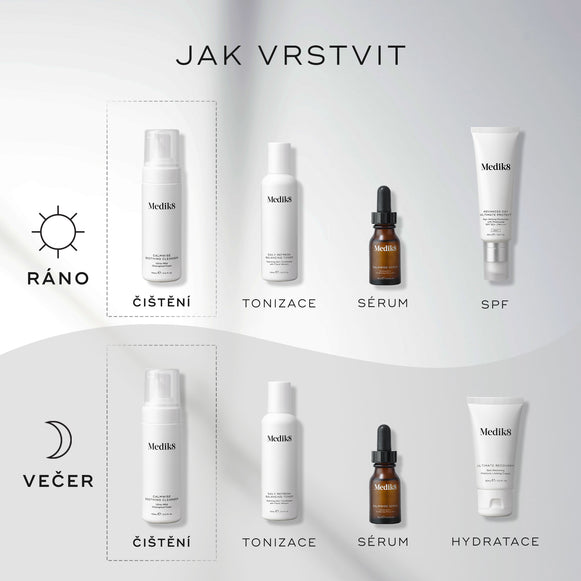Infografika s názvem „Jak vrstvit péči o pleť“, která popisuje ranní a večerní rutinu péče o pleť. V ní je čisticí přípravek Medik8 Calmwise Soothing Cleanser uveden jako nezbytný krok „čištění“ jak ráno, tak večer.-hover-28