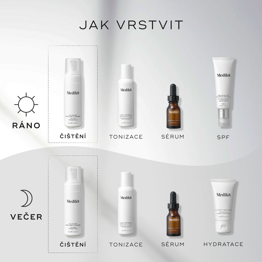 Infografika s názvem „Jak vrstvit péči o pleť“, která popisuje ranní a večerní rutinu péče o pleť. V ní je čisticí přípravek Medik8 Calmwise Soothing Cleanser uveden jako nezbytný krok „čištění“ jak ráno, tak večer.