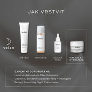 Infografika „JAK VRSTVIT“ s večerní rutinou na tmavě šedém pozadí: Očištění (gel Surface Radiance v tubě), tonizace (flakon Press & Glow), cílená péče (sérový přípravek Liquid Peptides) a vitamín A + hydratační krém (noční krém Intelligent Retinol v kelímku). Odborníci doporučují ráno použít přípravek Daily Radiance Vitamin C a na noc noční krém Intelligent Retinol Smoothing Night Cream.