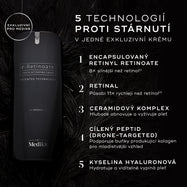 Lahvička krému Medik8 r-Retinoate Intense je zobrazena na tmavém, jemně rozostřeném pozadí. Text zvýrazňuje 5 anti-age technologií:
Zapouzdřený retinyl retinoát (Encapsulated Retinyl Retinoate)
Retinal
Ceramidový komplex (Ceramide Complex)
Dronově cílený peptid (Drone-Targeted Peptide)
Kyselina hyaluronová (Hyaluronic Acid)