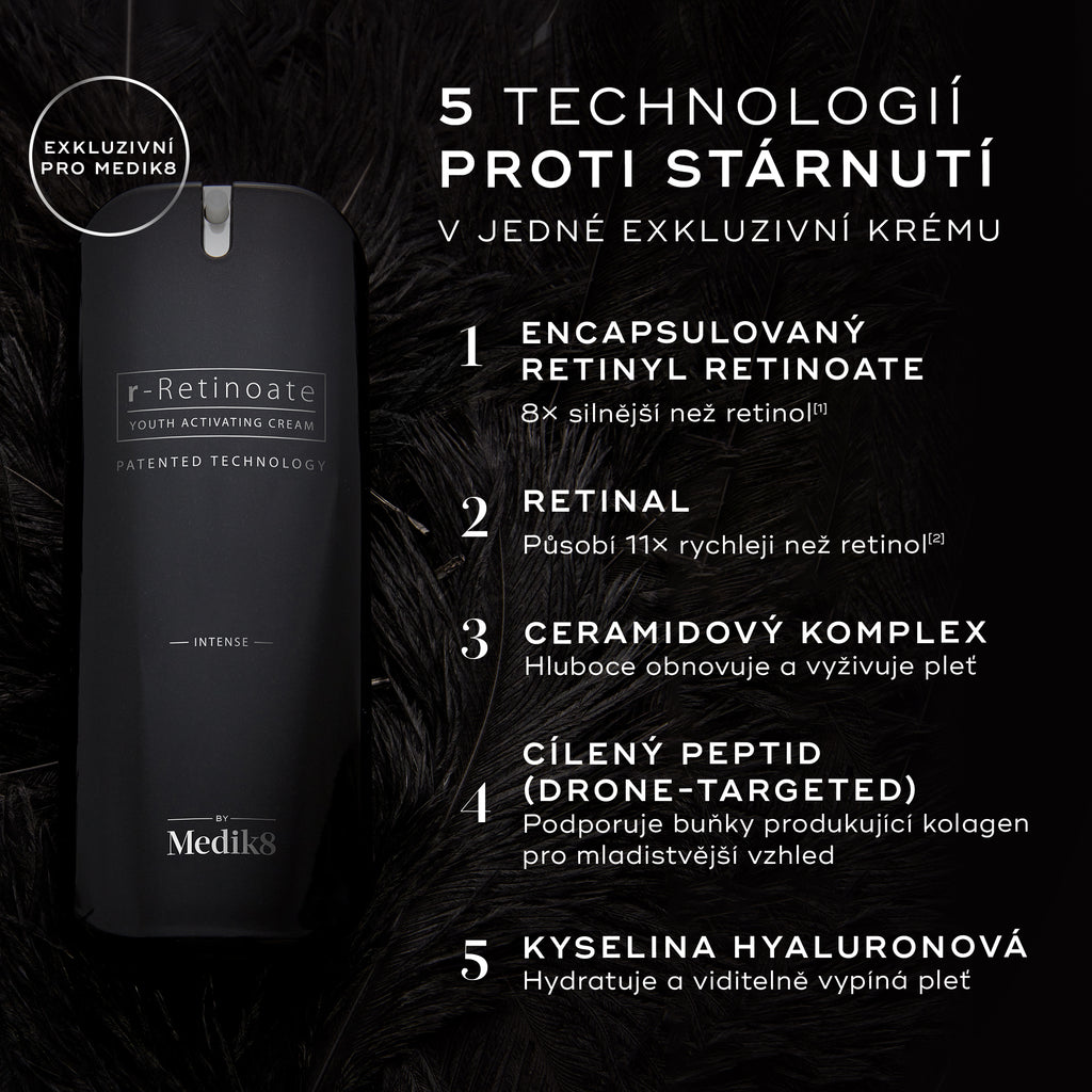 Lahvička krému Medik8 r-Retinoate Intense je zobrazena na tmavém, jemně rozostřeném pozadí. Text zvýrazňuje 5 anti-age technologií:
Zapouzdřený retinyl retinoát (Encapsulated Retinyl Retinoate)
Retinal
Ceramidový komplex (Ceramide Complex)
Dronově cílený peptid (Drone-Targeted Peptide)
Kyselina hyaluronová (Hyaluronic Acid)