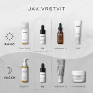 Diagram „JAK VRSTVIT“ znázorňuje rutiny péče o pleť.

Ranní rutina (AM) zahrnuje:

Tónování (Medik8 Press & Glow)
Cílená péče (Medik8 Oxy-R Peptides)
Vitamín C (Medik8 C-Tetra Luxe)
Ochrana proti slunci (Medik8 Advanced Day Total Protect)

Večerní rutina (PM) zahrnuje:

Čištění (Medik8 Lipid-Balance Cleansing Oil)
Cílená péče (Medik8 Oxy-R Peptides)
Vitamín A (Medik8 Crystal Retinal)
Hydratace (Medik8 Advanced Night Restore)