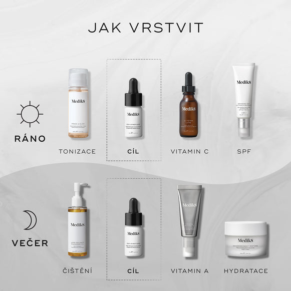 Diagram „JAK VRSTVIT“ znázorňuje rutiny péče o pleť.

Ranní rutina (AM) zahrnuje:

Tónování (Medik8 Press & Glow)
Cílená péče (Medik8 Oxy-R Peptides)
Vitamín C (Medik8 C-Tetra Luxe)
Ochrana proti slunci (Medik8 Advanced Day Total Protect)

Večerní rutina (PM) zahrnuje:

Čištění (Medik8 Lipid-Balance Cleansing Oil)
Cílená péče (Medik8 Oxy-R Peptides)
Vitamín A (Medik8 Crystal Retinal)
Hydratace (Medik8 Advanced Night Restore)-hover-38