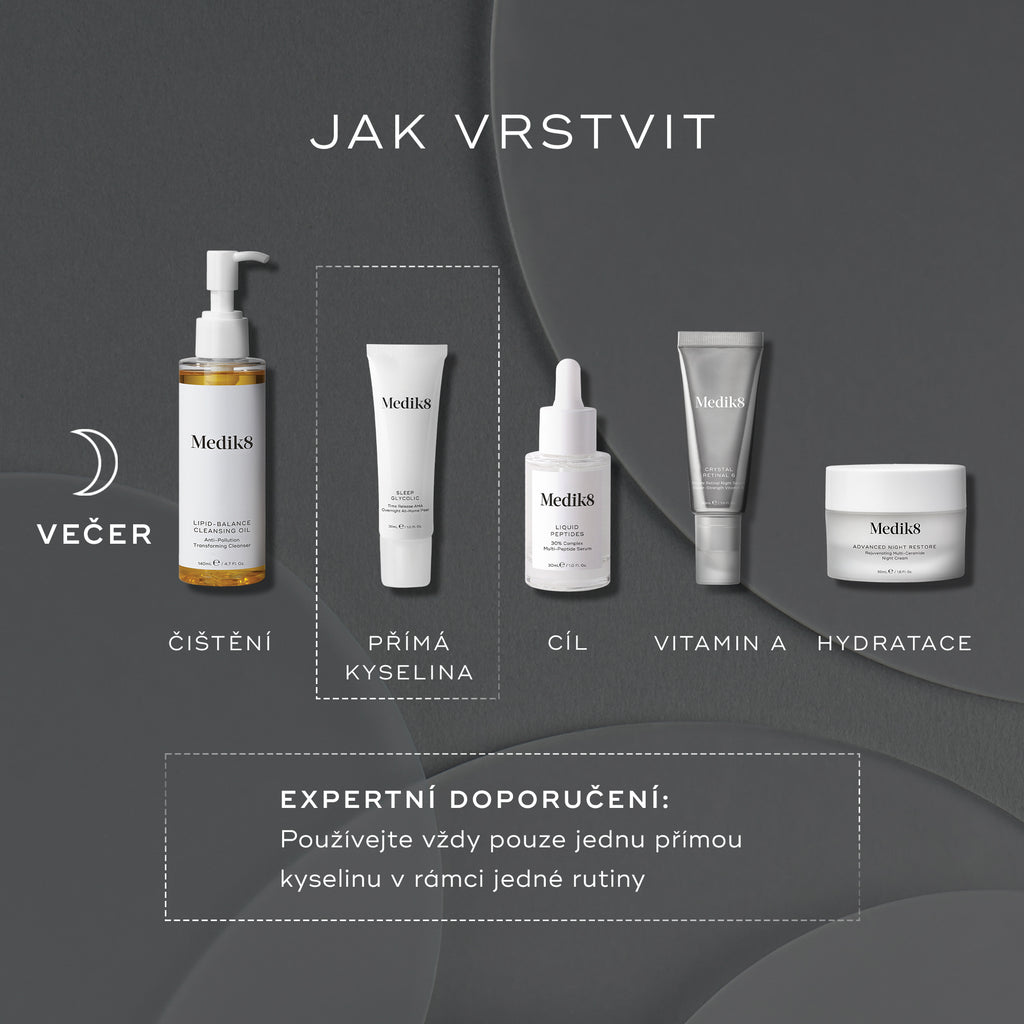 Tmavá, minimalistická noční grafika „JAK VRSTVIT“ s ikonou měsíce a rutinou PM. Produkty Medik8 jsou zobrazeny v pořadí s textem pod každým z nich:

„Čištění“ (Lipid-Balance Cleansing Oil)
„Přímá kyselina“ (Sleep Glycolic)
„Cílená péče“ (Liquid Peptides)
„Vitamín A“ (Crystal Retinal)
„Hydratace“ (Advanced Night Restore)

Přerušovaný rámeček zvýrazňuje krok „Přímá kyselina“.

Pod tím je uvedený popisek: „Odborná rada: v jedné rutině používejte pouze jednu přímou kyselinu.