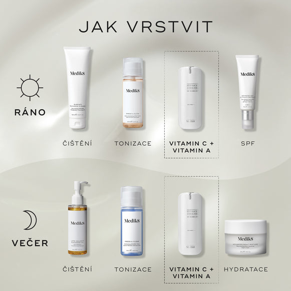 Diagram „JAK VRSTVIT“ pro rutiny péče o pleť.
Ranní rutina (AM) zahrnuje:
Čištění (Surface Radiance Cleanse)
Tonizace (Press & Glow)
Vitamín C + vitamín A (r-Retinoate Day & Night)
Ochrana proti slunci (Advanced Day Total Protect)
Večerní rutina (PM) zahrnuje:
Čištění (Lipid-Balance Cleansing Oil)
Tonizace (Press & Clear)
Vitamín C + vitamín A (r-Retinoate Day & Night)
Hydratace (Advanced Night Restore)-hover-36