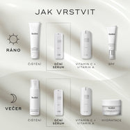 Diagram „JAK VRSTVIT“ pro ranní rutinu péče o pleť. Zahrnuje:Čištění (Surface Radiance Cleanse)
Oční sérum (r-Retinoate Day & Night Eye Serum)
Vitamín C + vitamín A (r-Retinoate Youth Activating Cream)
Opalovací krém (Advanced Day Total Protect)
Večerní rutina zahrnuje:
Čištění (Micellar Mousse)
Oční sérum (r-Retinoate Day & Night Eye Serum)
Vitamín C & A (r-Retinoate Youth Activating Cream)
Hydrataci (Advanced Night Restore)