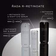 Tři produkty Medik8 r-Retinoate jsou vystaveny na odrazné ploše: r-Retinoate Day & Night a r-Retinoate Day & Night Eye Serum (oba pro použití ráno i večer) a r-Retinoate Intense (pouze pro večerní použití).
