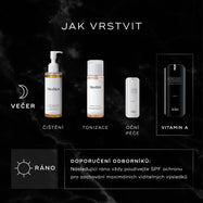 Infografika s názvem „JAK VRSTVIT“ znázorňující večerní rutinu (PM):
Čištění (Cleanse): Medik8 Lipid-Balance Cleansing Oil
Tónování (Tone): Press & Glow
Oční péče (Eyes): r-Retinoate Eye
Vitamín A: r-Retinoate Intense
Odborná rada: vždy následující ráno používejte opalovací krém.
