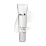 Tuba Blemish SOS stojí vzpřímeně, vedle ní je vlnitý vzorek světlého gelu a kapka produktu.

