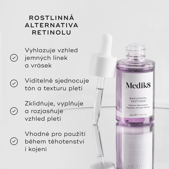 Fialová skleněná lahvička séra Bakuchiol Peptides je zobrazena s kapátkem.
Vlevo je uveden text, který zdůrazňuje, že jde o:
„Rostlinnou alternativu retinolu“
Mezi benefity patří:
vyhlazení jemných linek a vrásek
viditelné sjednocení tónu a textury pleti
zklidnění, vypnutí a rozjasnění vzhledu pleti
vhodné pro použití během těhotenství a kojení-hover-35