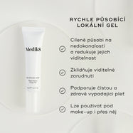 Bílá tuba Blemish SOS Rapid Action Target Gel je zobrazena. Text ji označuje jako rychle působící léčebný gel (RAPID ACTION TREATMENT GEL).
Čtyři odrážky s fajfkami uvádějí benefity:
Zaměřuje se na viditelné nedokonalosti a redukuje jejich vzhled
Uklidňuje viditelné zarudnutí
Podporuje čistou a zdravě vypadající pleť
Lze použít pod make-up nebo přes make-up
