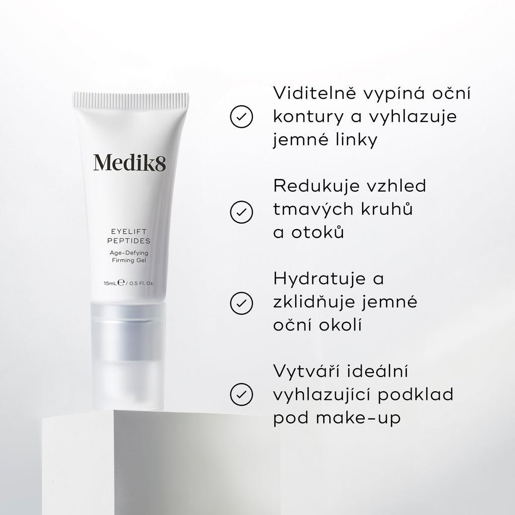 Tuba Eyelift Peptides je zobrazena.

Čtyři odrážky s fajfkami uvádějí benefity:

Viditelně zpevňuje oční kontury a vyhlazuje jemné linky
Redukuje vzhled tmavých kruhů a otoků
Hydratuje a zklidňuje jemnou oční oblast
Vytváří ideální vyhlazující základ pro make-up