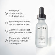 Lahvička Medik8 Hydr8 B5 stojí na bílém podstavci proti jasnému bílému pozadí.

Text zdůrazňuje, že produkt:

poskytuje dlouhotrvající hydrataci pleti,
pomáhá pokožce udržet nezbytnou vlhkost,
změkčuje vzhled jemných linek a vrásek,
a podporuje viditelně plnou a pružnou pleť
