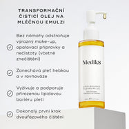 Lahvička Lipid-Balance Cleansing Oil stojí na bílém podstavci. Text uvádí benefity, včetně odstranění silného make-upu, podpory lipidové bariéry a fungování jako transformační olej-v-mléko čisticí přípravek.