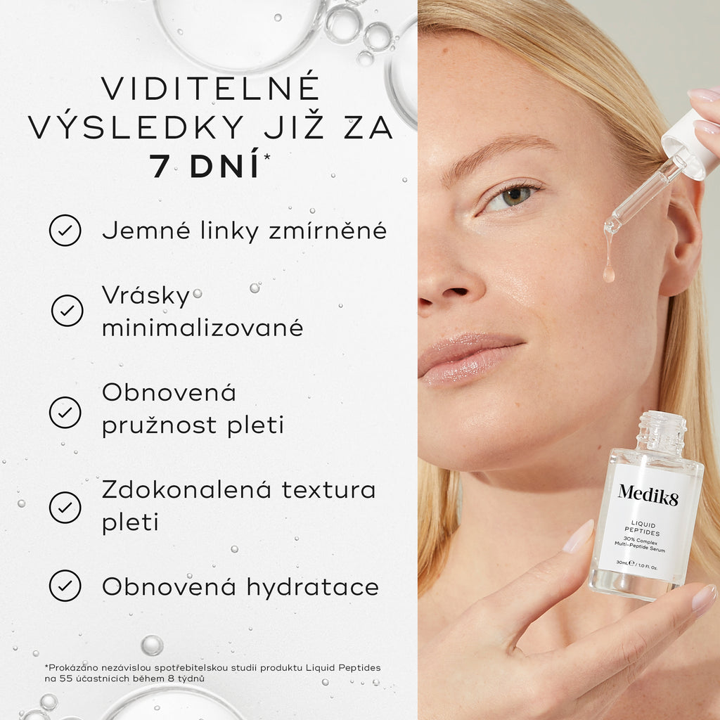 Žena si pomocí kapátka aplikuje sérum Liquid Peptides na obličej.
Vlevo je uveden text:
„VIDITELNÉ VÝSLEDKY JIŽ ZA 7 DNÍ“*
Mezi uvedené benefity patří:
vyhlazené vrásky
mladistvěji vypadající pleť
zlepšená pevnost pleti
zvýšená plnost pleti
obnovená hydratace
*Poznámka pod čarou uvádí, že tato tvrzení byla potvrzena nezávislou spotřebitelskou studií.