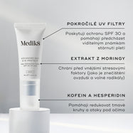 Tuba Advanced Day Eye Protect stojí na bílém podstavci. Text zvýrazňuje:
Advanced UV filtry pro ochranu SPF 30
Moringa extrakt pro ochranu před environmentálními stresory
Kofein a hesperidin pro redukci tmavých kruhů a otoků