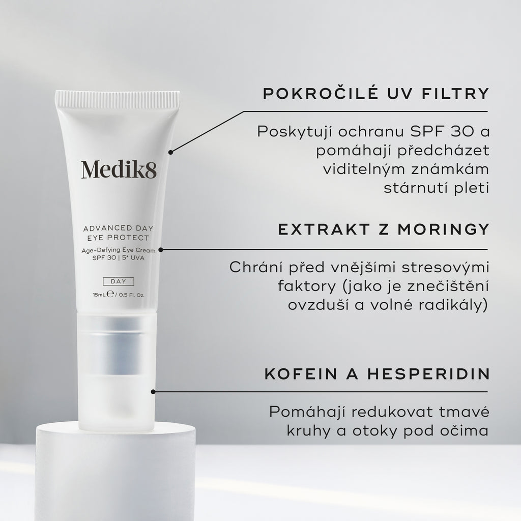 Tuba Advanced Day Eye Protect stojí na bílém podstavci. Text zvýrazňuje:
Advanced UV filtry pro ochranu SPF 30
Moringa extrakt pro ochranu před environmentálními stresory
Kofein a hesperidin pro redukci tmavých kruhů a otoků