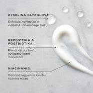 Vzorek Balance Moisturiser je zobrazen na texturovaném povrchu spolu s kapkami Glycolic Acid Activator. Textové popisky zvýrazňují klíčové složky:
Kyselina glykolová exfoliuje, vyhlazuje a viditelně zdokonaluje pleť
Prebiotika a postbiotika pomáhají udržovat vyvážený kožní mikrobiom
Niacinamid pomáhá regulovat tvorbu kožního mazu