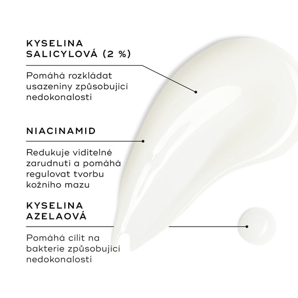 Vzorek Blemish SOS je zobrazen na bílém povrchu, vedle něj je malá kapka produktu. Textové popisky zvýrazňují klíčové složky:
Kyselina salicylová (2%) – pomáhá rozkládat usazeniny způsobující nedokonalosti
Niacinamid – snižuje viditelné zarudnutí a pomáhá regulovat tvorbu mazu
Kyselina azelaová – pomáhá cílit na bakterie způsobující nedokonalosti-hover-32