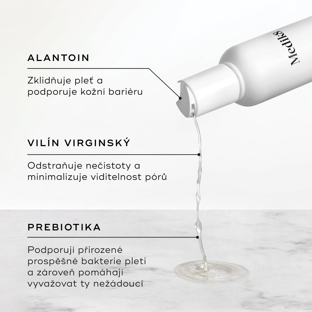 Z lahvičky Daily Refresh Balancing Toner se nalévá tekutina.

Text zvýrazňuje klíčové složky:

Allantoin pro zklidnění pleti
Vilín (Witch Hazel) pro zjemnění pórů
Prebiotika pro rovnováhu kožního mikrobiomu