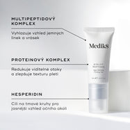 Bílá tuba Eyelift Peptides je zobrazena.

Textové popisky zvýrazňují klíčové složky:

Multi-peptidový komplex
Proteinový komplex
Hesperidin