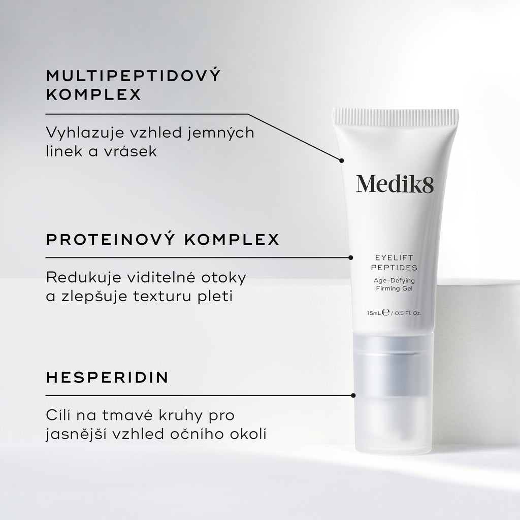 Bílá tuba Eyelift Peptides je zobrazena.

Textové popisky zvýrazňují klíčové složky:

Multi-peptidový komplex
Proteinový komplex
Hesperidin