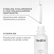 Detailní záběr na lahvičku séra Medik8 Hydr8 B5 a kapátko s čirou tekutinou.

Text zvýrazňuje klíčové složky:

Vícehmotnostní kyselina hyaluronová – zanechává pleť viditelně hydratovanou a pružnou
Vitamín B5 – pomáhá pokožce udržet a regenerovat vlhkost pro plnější vzhled pleti