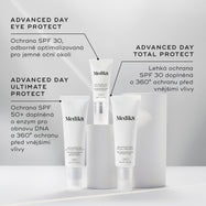 Jsou zobrazeny produkty Advanced Day Protection spolu s jejich popisy.
Advanced Day Eye Protect (SPF 30) je zvýrazněn pro oblast očního okolí.
Advanced Day Ultimate Protect (SPF 50+) obsahuje opravu DNA a ochranu proti environmentálním vlivům.
Advanced Day Total Protect (lehké SPF 30) poskytuje 360° ochranu před vnějšími vlivy prostředí.