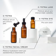 Kolekce čtyř produktů Medik8 Vitamin C je zobrazena na bílých kruhových podstavcích na čistém bílém pozadí.

Součástí jsou:

C-Tetra sérum zobrazené otevřené se skleněným kapátkem, popsané jako pleťové sérum pro citlivou pleť
C-Tetra Luxe sérum, popsané jako pleťové sérum pro zesílené výsledky
C-Tetra Eye sérum, popsané jako pro oční okolí
C-Tetra Cream, otevřená dóza s viditelným bílým krémem, popsaná jako pleťový hydratační krém pro nové uživatele vitamínu C