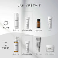 Graf „Jak vrstvit“ zobrazuje rutiny péče o pleť pro ráno (AM) a večer (PM).

Ranní rutina zahrnuje:
Čištění (Micellar Mousse), Target (Eyelift Peptides), Vitamin C (C-Tetra Eye) a Ochranu před sluncem (Advanced Day Eye Protect).

Večerní rutina zahrnuje:
Čištění (Lipid-Balance Cleansing Oil), Target (Eyelift Peptides), Vitamin A (Crystal Retinal) a Hydrataci (Advanced Night Restore).