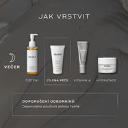 Infografika s názvem „JAK VRSTVIT“ zobrazuje večerní (PM) rutinu péče o pleť.
Zahrnuje:ČIŠTĚNÍ (Cleanse) – Lipid-Balance Cleansing Oil
CÍLENÁ PÉČE (Target) – Natural Clay Mask
VITAMÍN A – Crystal Retinal
HYDRATACE / VÝŽIVA – Advanced Night Restore