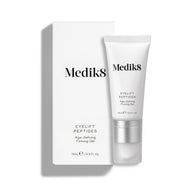 Bílá tuba Eyelift Peptides je zobrazena stojící vedle své odpovídající bílé krabičky.