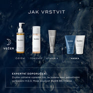 Schéma „Jak vrstvit“ znázorňuje večerní rutinu péče o pleť. Zahrnuje čištění (Medik8 Lipid-Balance Cleansing Oil), tonizaci (Medik8 Press & Glow), vitamín A (Medik8 Crystal Retinal) a masku (Medik8 H.E.O. Mask Step 1 a Step 2). Odborníci doporučují nanášet Hydr8 B5 Intense mezi jednotlivými aplikacemi masky H.E.O. Mask, aby se viditelné výsledky ještě umocnily.