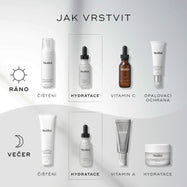 Infografika s názvem „JAK VRSTVIT“ zobrazuje krokovou rutinu péče o pleť Medik8 pro ranní (AM) i večerní (PM) použití na čistém šedo-bílém pozadí. Ikony slunce a měsíce označují dobu použití.
Sérum Medik8 Hydr8 B5 je zvýrazněno v přerušovaných rámečcích jako krok „HYDRATACE“ v obou rutinách.
Ostatní kroky zahrnují:
ČIŠTĚNÍ
VITAMÍN C
OPALOVACÍ KRÉM (SPF)
VITAMÍN A
HYDRATACE / VÝŽIVA (MOISTURISE)
