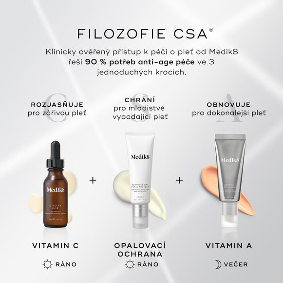 Grafika s názvem „FILOSOFIE CSA“ popisuje tříkrokový anti-age přístup péče o pleť.
Ilustruje:


ROZJASŇUJE pomocí séra s vitamínem C (ráno / AM)


CHRÁNÍ pomocí opalovacího krému (ráno / AM)


OBNOVUJE pomocí produktu s vitamínem A (večer / PM)-hover-16