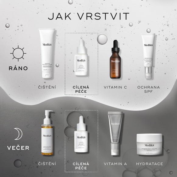 „Jak vrstvit“
Ranní (AM) rutina zahrnuje:
Čištění (Surface Radiance Cleanse), Cílená péče (Liquid Peptides), Vitamin C (C-Tetra) a Ochrana před sluncem (Advanced Day Total Protect).
Večerní (PM) rutina zahrnuje:
Čištění (Lipid-Balance Cleansing Oil), Cílená péče (Liquid Peptides), Vitamin A (Crystal Retinal) a Hydratace (Advanced Night Restore).-hover-18