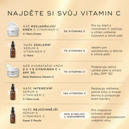 Srovnávací tabulka s názvem „NAJDĚTE SVŮJ VITAMÍN C“ obsahuje pět různých produktů. Daily Radiance Vitamin C je uveden jako 2v1 hydratační krém s vitamínem C a SPF 30, který obsahuje 7 % vitamínu C a je popsán jako produkt, který pomáhá zvyšovat rozjasnění pleti a zároveň chrání pleť SPF 30.