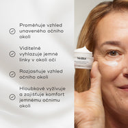 Blondýna drží u obličeje otevřený matný kelímek krému Medik8 Advanced Night Eye. Pod jedním okem má malý tah bílého krému. Etiketa produkt označuje jako „Rejuvenating Eye Cream“ (omlazující oční krém). Scéna je zasazena do čistého bílého pozadí.