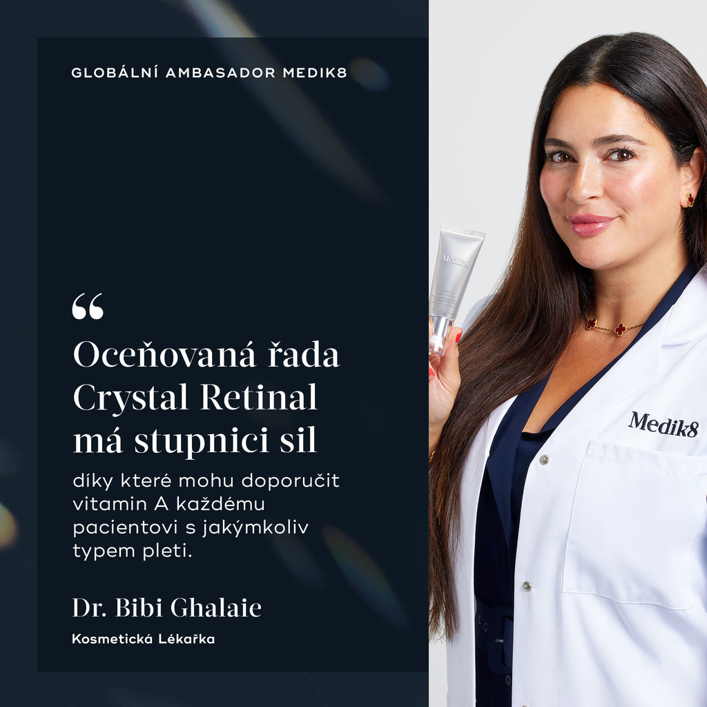 Doktorka Bibi Ghalaie, kosmetická lékařka, se usmívá a drží stříbrnou tubu Crystal Retinal.
Citát uvádí:
„Oceněná řada Crystal Retinal má stupňovitý systém síly, díky kterému mohu doporučit vitamín A každému pacientovi bez ohledu na typ pleti.“