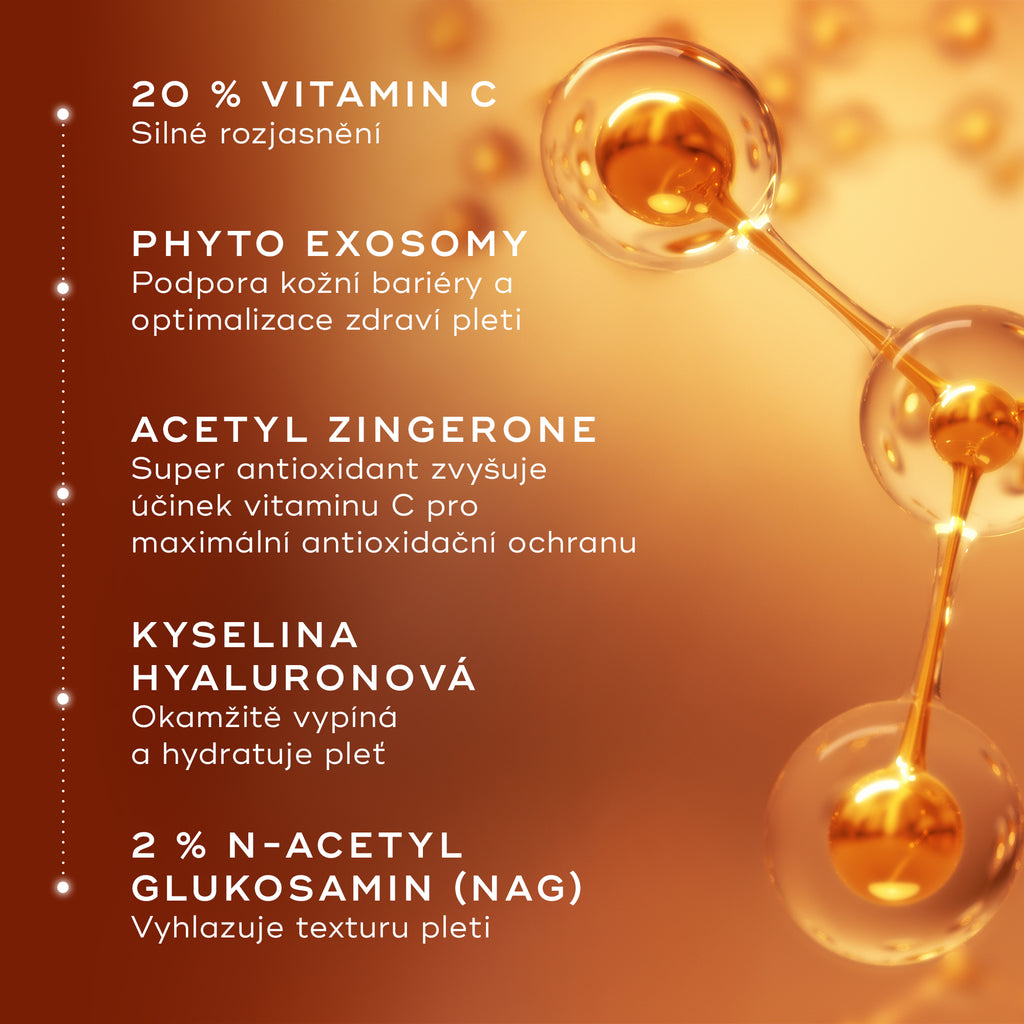 Molekulární znázornění klíčových složek přípravku Medik8 C-Tetra Advanced, s textovým zvýrazněním 20% vitamínu C, fytoexosomů, acetylzingeronu, kyseliny hyaluronové a N-acetylglukosaminu (NAG) pro rozjasnění, hydrataci a posílení kožní bariéry.