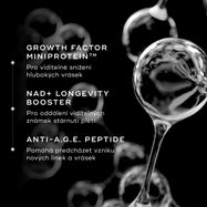 1 Abstraktní grafika na černém pozadí zdůrazňující klíčové složky krému Medik8 Advanced Pro-Collagen+ Peptide Cream. Text popisuje přínosy miniproteinu s růstovým faktorem, látky NAD+ podporující dlouhověkost a peptidu Anti-A.G.E. pro redukci vrásek.